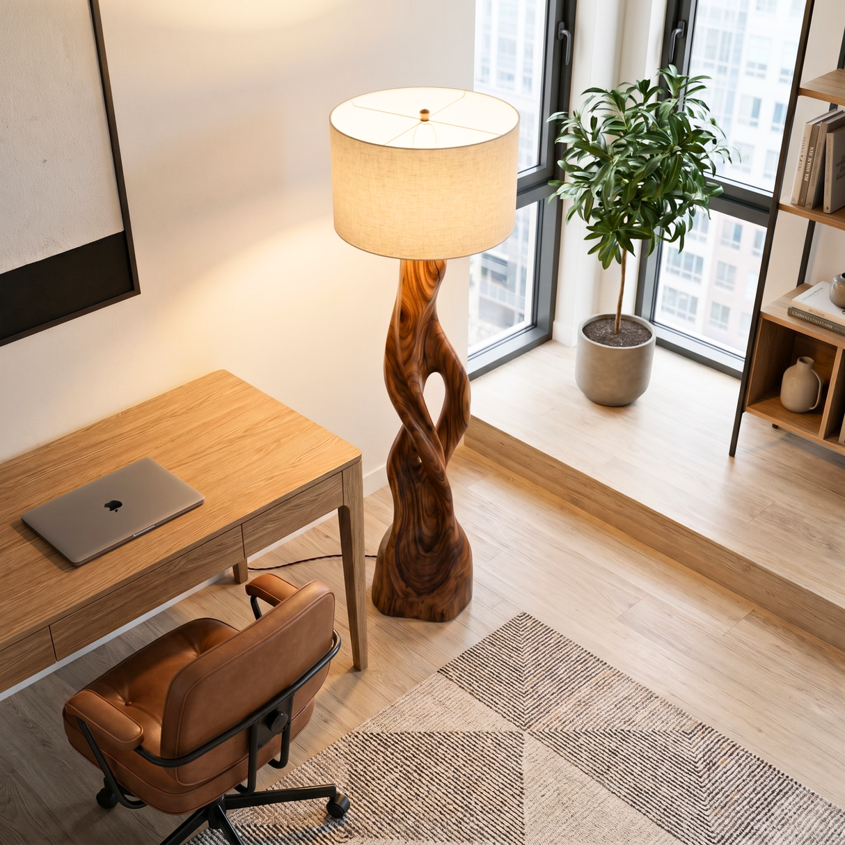 Handcrafted Wood Floor Lamp with Twisting Open-Carved Base