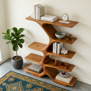 Organic Solid Wood Display Shelf with Branching Open Shelves