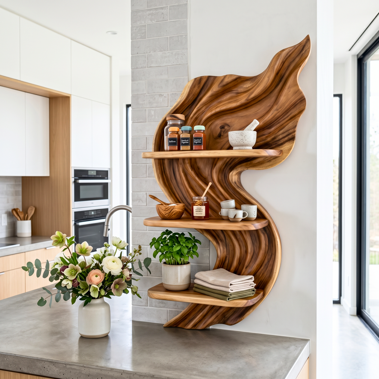 Flowing Flame Wood Wall Shelf with Three Display Tiers