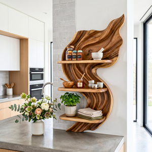 Flowing Flame Wood Wall Shelf with Three Display Tiers