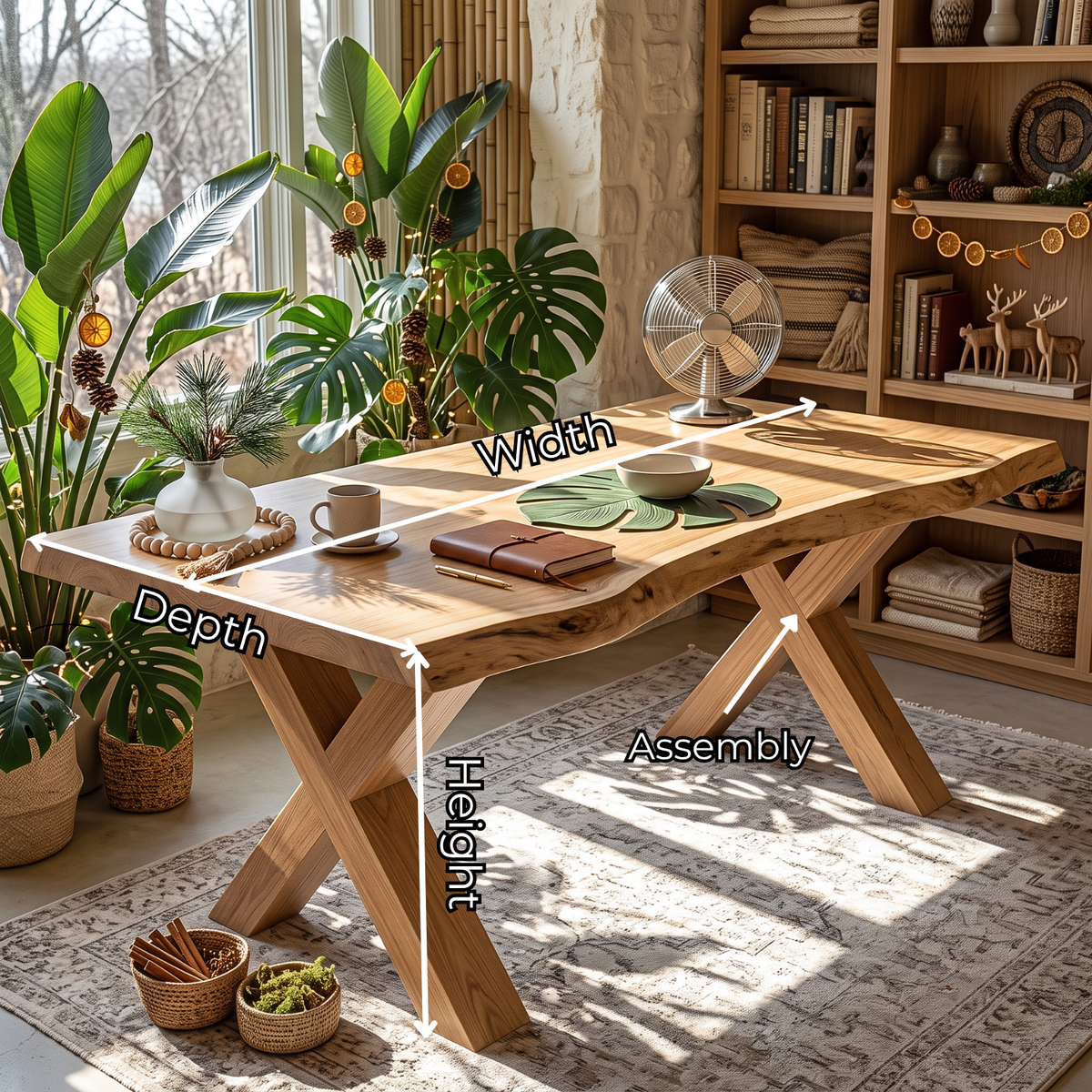 Live Edge Solid Wood Desk with Sculptural X Legs for Home Office