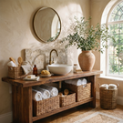 Rustic Solid Wood Bathroom Vanity with Open Shelf Storage