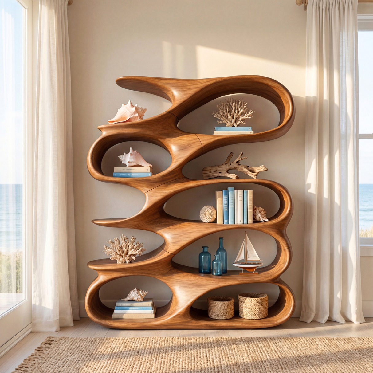 Abstract Loop Wood Display Shelf with Flowing Open Compartments