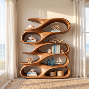 Abstract Loop Wood Display Shelf with Flowing Open Compartments