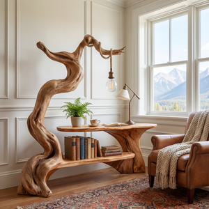 Sculptural Solid Wood Desk with Integrated Hanging Lamp and Shelf, Artistic Reading Nook Furniture