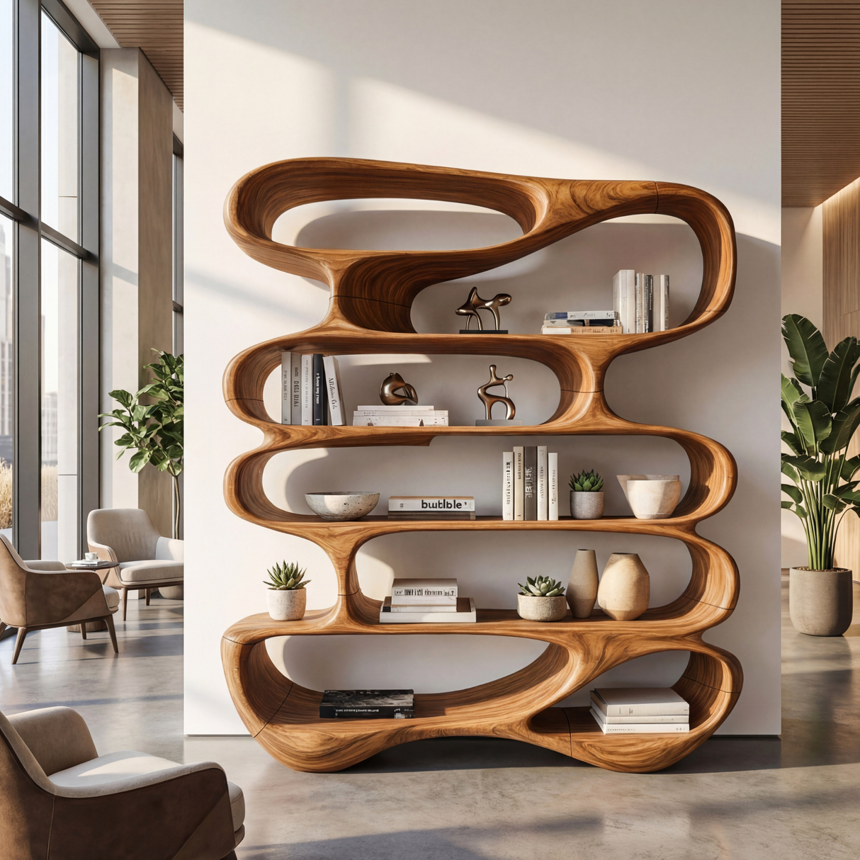 Flowing Open Form Wood Display Shelf with Sculptural Tiered Shelving