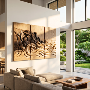 Carved Ocean Wave Triptych Wood Wall Art
