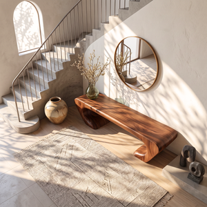 Bench Solid Wood with Sculptural Asymmetrical Base and Flowing Organic Seat