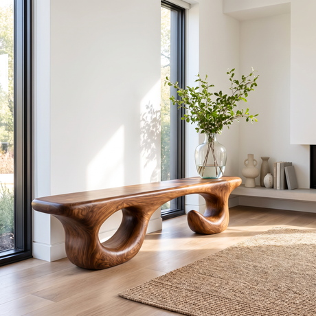 Bench Solid Wood with Sculptural Open Loop Base and Flowing Live Edge Seat