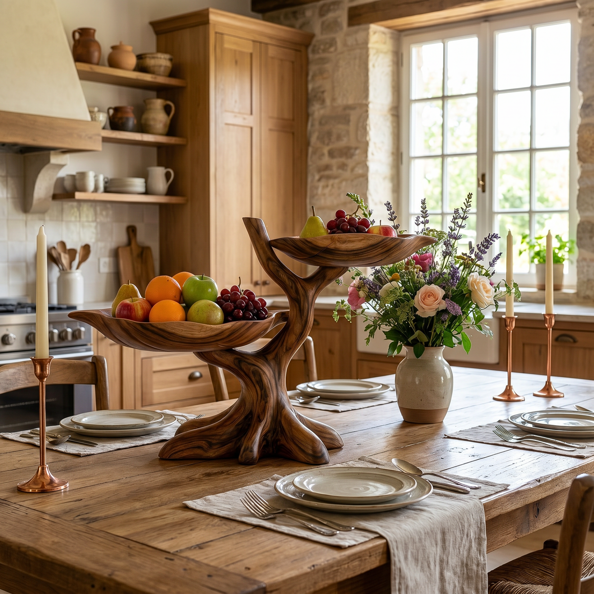 Solid Wood Branch Fruit Bowl Stand with Two Sculptural Display Trays