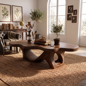 Coffee Table Solid Wood with Sculptural Double Loop Base for Living Room