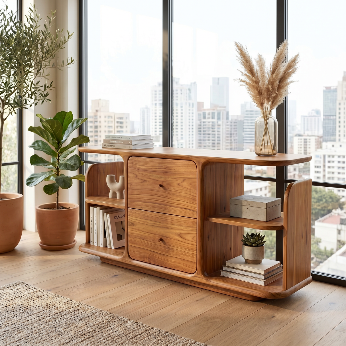 Natural Solid Wood Sideboard with Two Drawers and Open Display Shelves