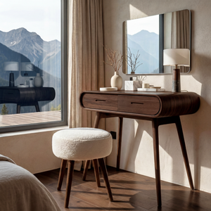 Curved Wood Vanity Table with Drawers, Mid Century Modern Dressing Table