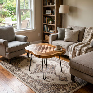 Handcrafted Solid Wood Chess Coffee Table with Organic Freeform Top and Hairpin Legs