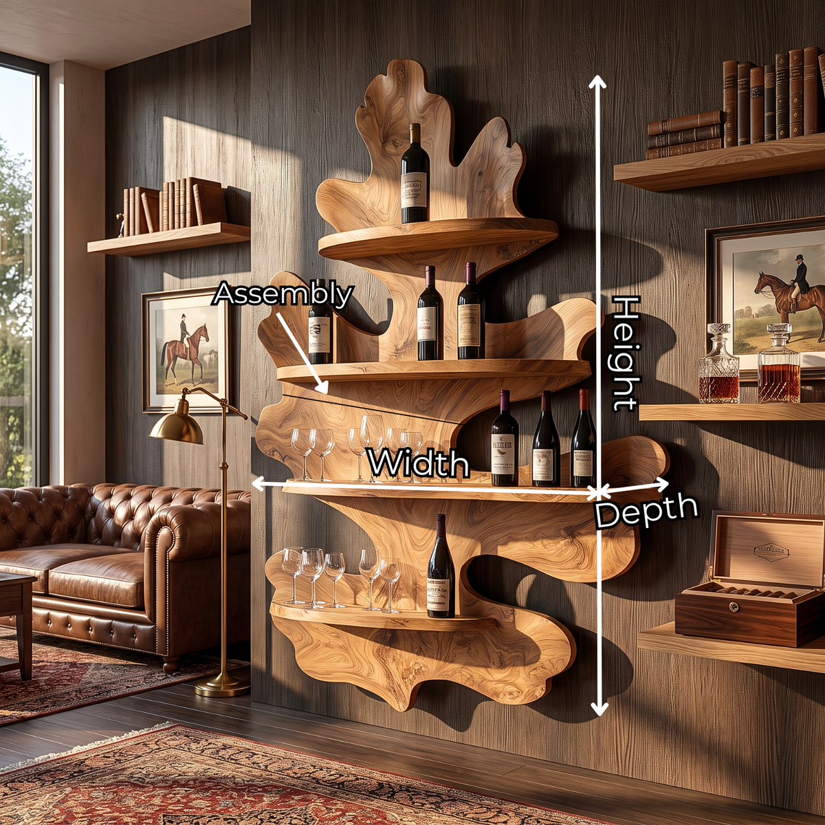 Sculptural Leaf Solid Wood Wall Mounted Wine Rack with Four Display Shelves