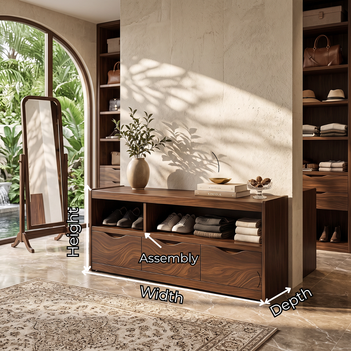 Modern Solid Wood Shoe Cabinet with Open Cubbies and Three Storage Drawers