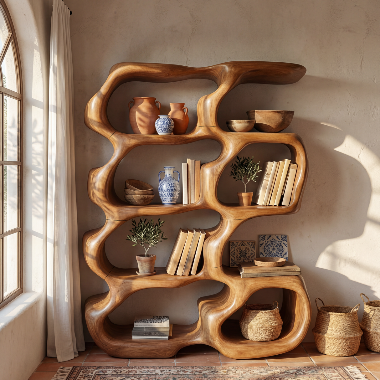 Sculptural Organic Wood Bookcase with Open Display Shelves
