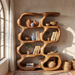 Sculptural Organic Wood Bookcase with Open Display Shelves