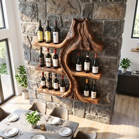 Wine Rack Wall Shelf Solid Wood Volcanic Inspired Design for Dining Room