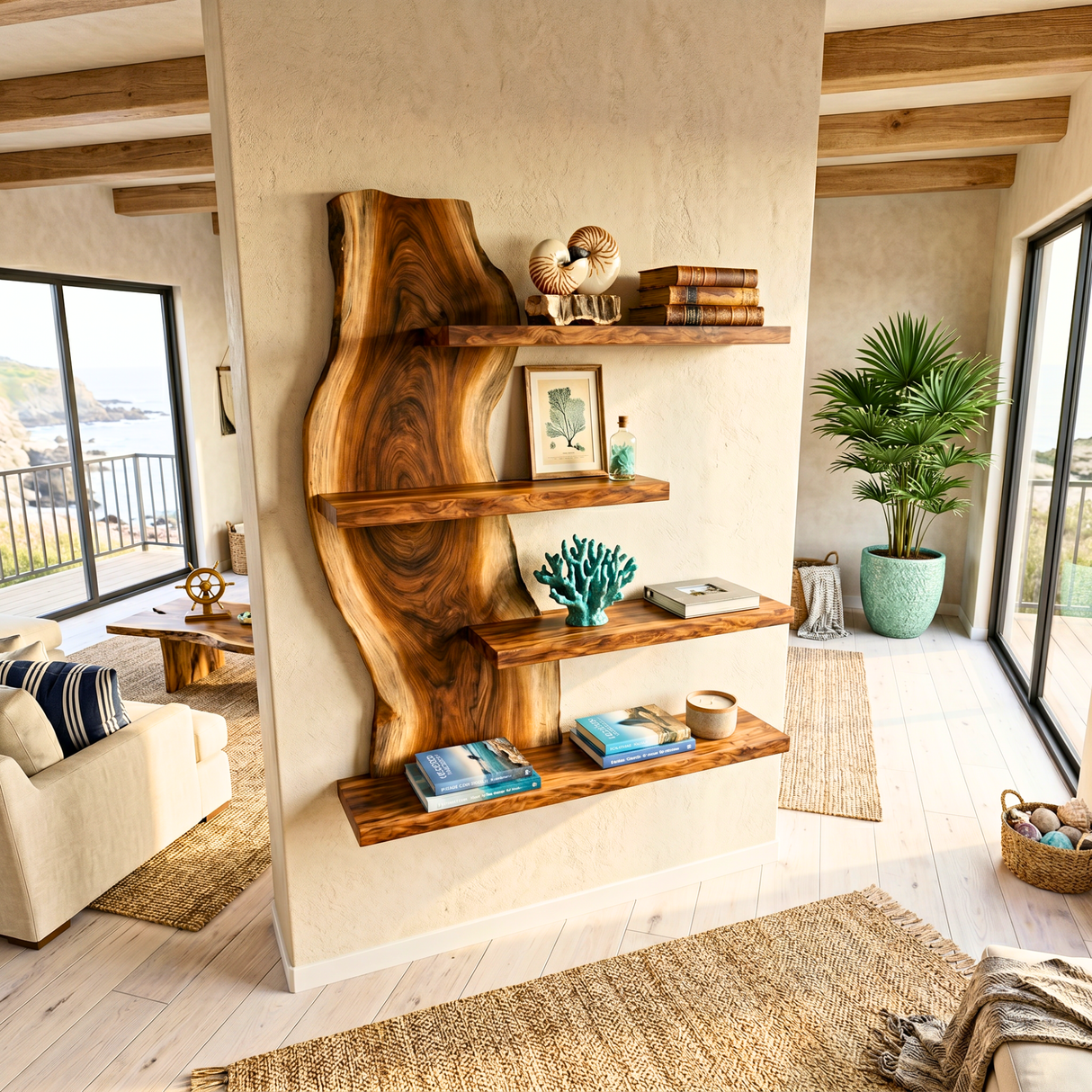 Coastal Live Edge Wooden Wall Shelf Handmade Floating Solid Wood Display Shelf