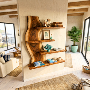 Coastal Live Edge Wooden Wall Shelf Handmade Floating Solid Wood Display Shelf