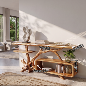 Console Table Solid Wood with Sculptural Branch Base and Open Storage Shelf