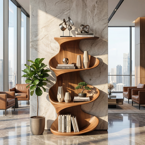 Twisted Wood Display Shelf with Tiered Open Shelves
