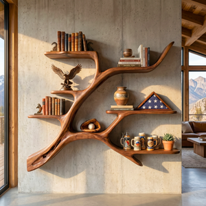Organic Solid Wood Wall Shelf with Branch Inspired Display Design