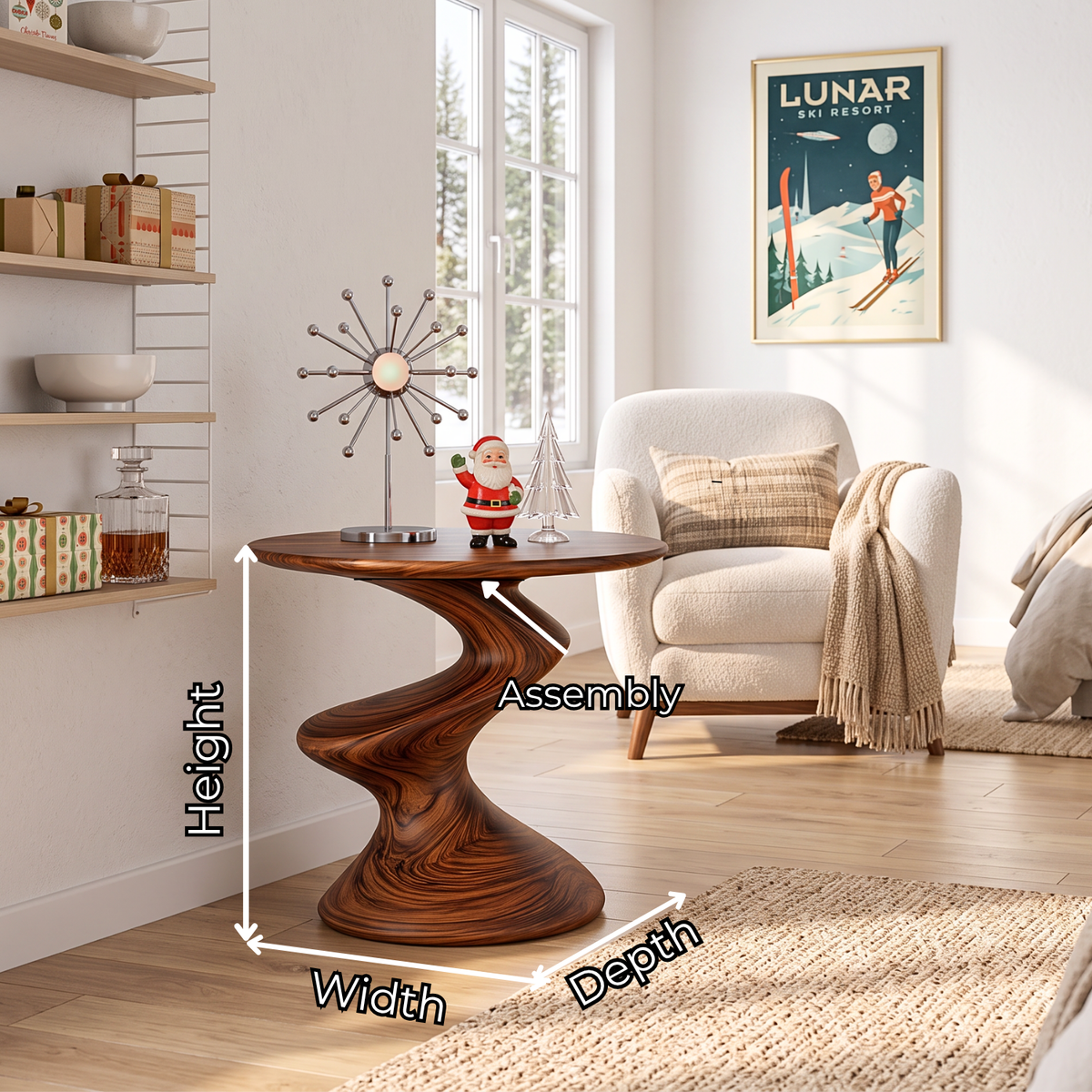 Sculptural Solid Wood Side Table with Twisted S Curve Pedestal Base