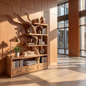 Solid Wood Bookshelf with Tree Trunk Form and Storage Drawers Organic Modern Display Shelf Unit