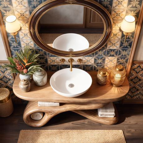 Organic Modern Wood Bathroom Vanity with Sculptural Open Storage Base