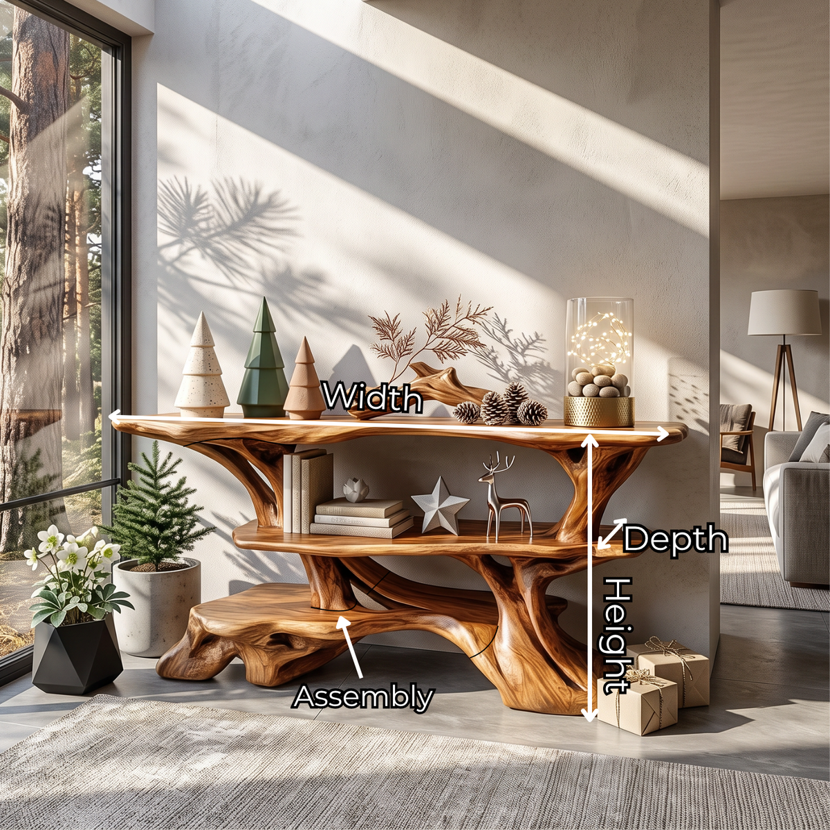 Handcrafted Solid Wood Console Table with Branching Frame and Tiered Shelves