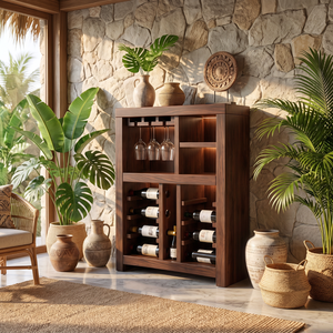 Solid Wood Wine Cabinet with Bottle Racks and Stemware Storage for Home Bar