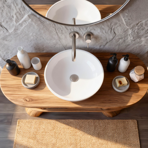Handcrafted Solid Wood Bathroom Vanity Organic Modern Rustic Wood Vanity with Open Shelf