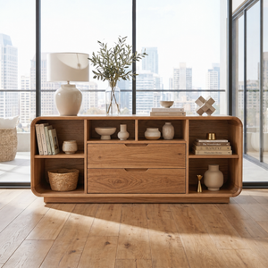 Solid Wood Rounded Corner Sideboard with Drawers and Open Shelves