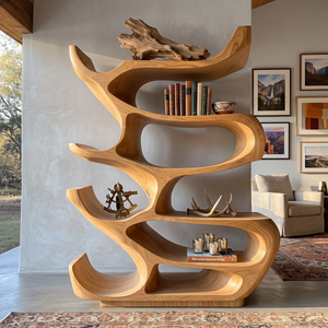 Bookshelf Solid Wood with Sculptural Organic Loop Shelves