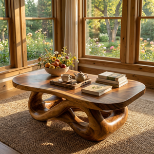Hand-Carved Solid Wood Coffee Table with Flowing Hollow Base and Natural Slab Top