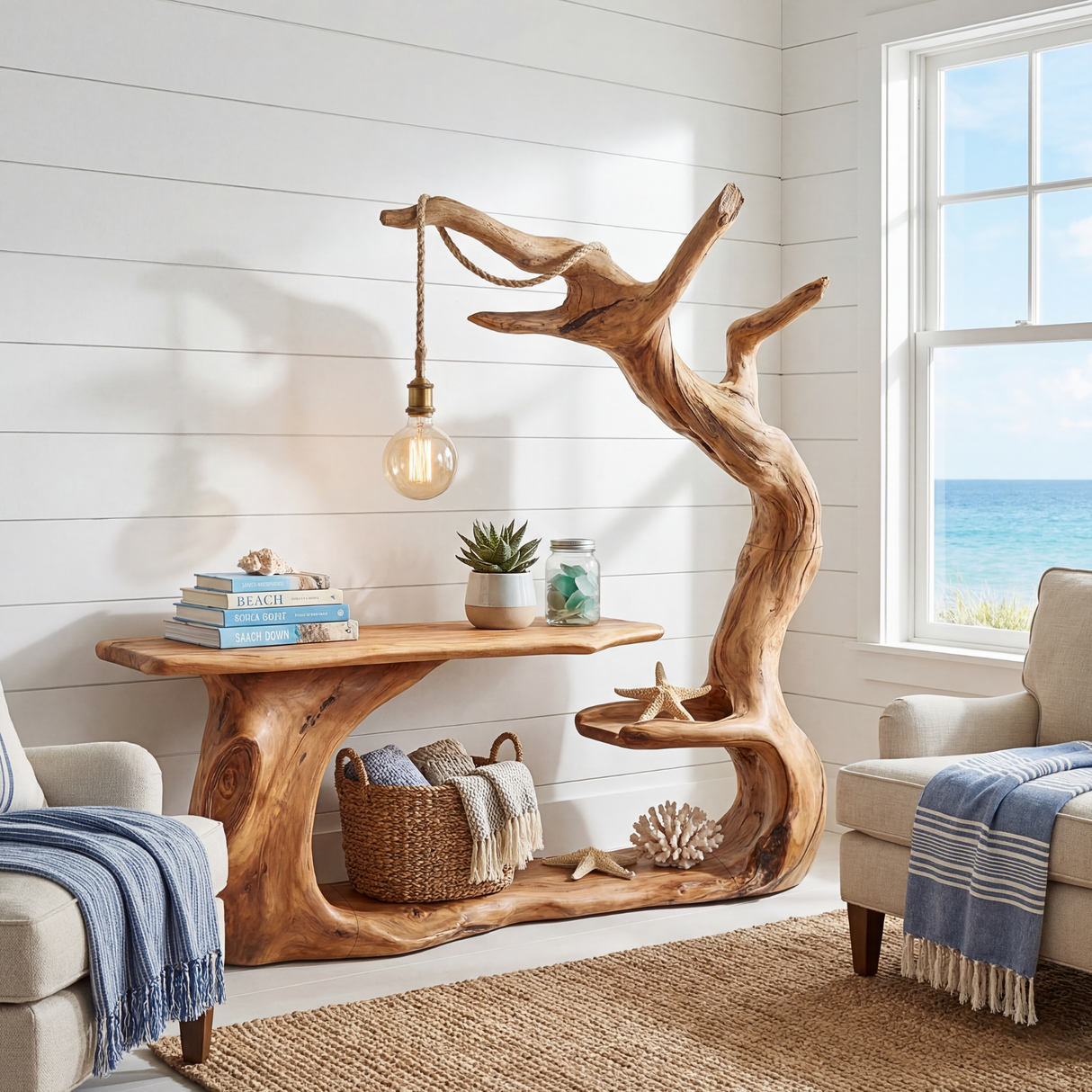Organic Sculptural Wood Workstation with Hanging Lamp and Storage Shelf