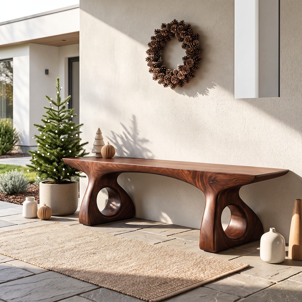 Bench Solid Wood with Sculptural Loop Base and Flowing Live Edge Seat
