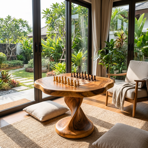 Handcrafted Solid Wood Chess Table with Organic Square Top and Pedestal Base