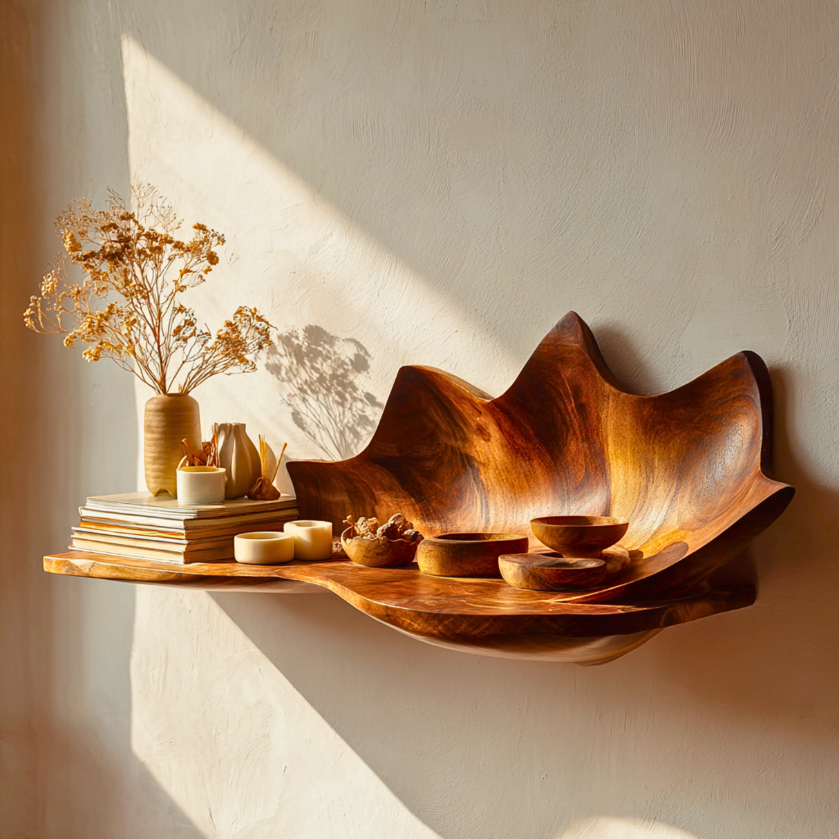 Handcrafted Solid Wood Sculpted Leaf Wall Shelf with Curved Display Tray