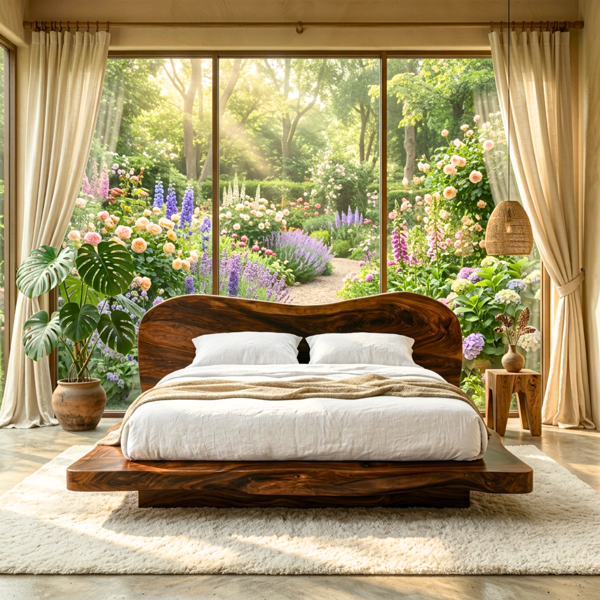 Handcrafted Solid Wood Bed with Curved Organic Headboard and Low Platform Base