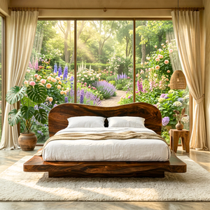 Handcrafted Solid Wood Bed with Curved Organic Headboard and Low Platform Base