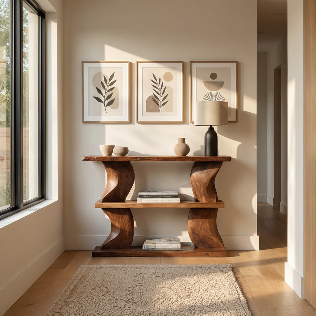 Solid Wood Console Table with Curved Sculptural Legs