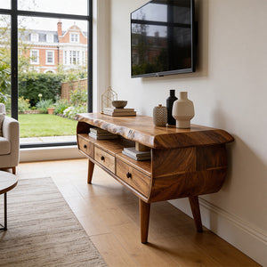 Live Edge Solid Wood TV Console with Sculpted Frame