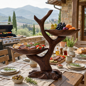 Organic Solid Wood Fruit Display Bowl with Branch Stand and Dual Leaf-Shaped Trays