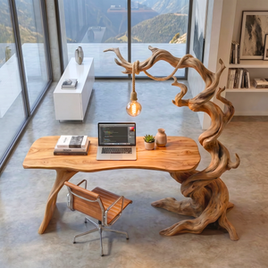 Twisted Tree Wood Desk With Hanging Lamp Organic Sculptural Office Table