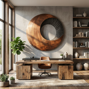 Solid Wood Oval Ring Wall Art with Radial Black Texture and Warm Grain Sweep