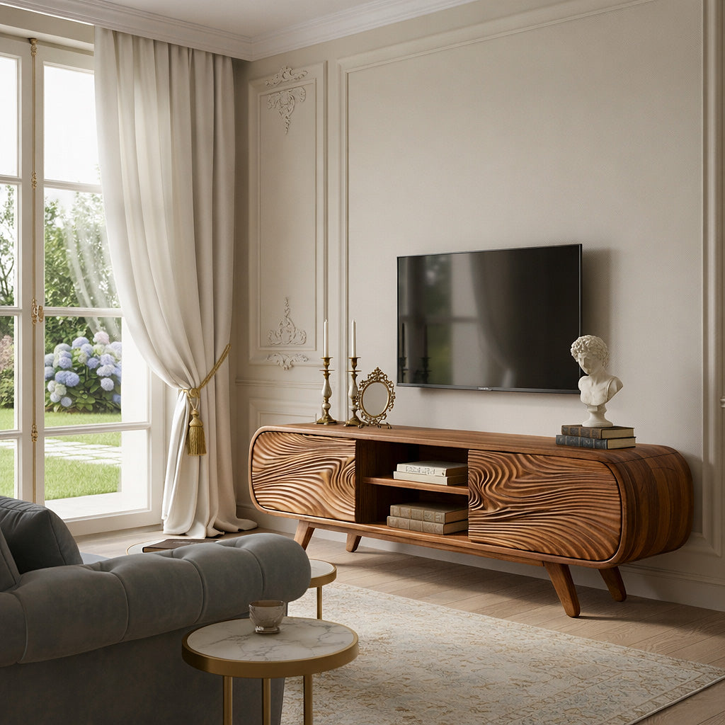 Handcrafted Solid Wood Media Cabinet with Sculpted Grain