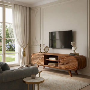Handcrafted Solid Wood Media Cabinet with Sculpted Grain